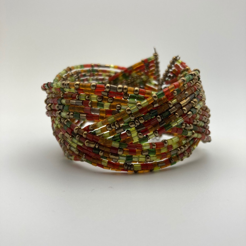 Boho Multi Strand Seed Bead Cuff Bracelet Earth Tone Red Green Bronze Glass Bead